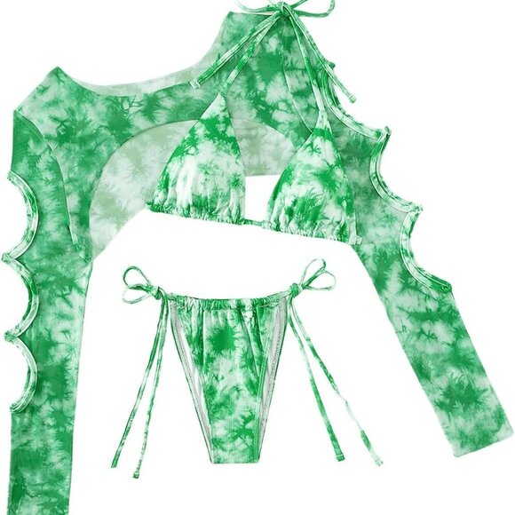 Women's 3 Piece Tie Dye Triangle Bikini Tie Side Halter Swimsuit Monokin with Cu - Picture 1 of 6